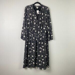 J Crew Dress Long Sleeve Floral Printed Tie Neck Midi Sz 2XL Black White Floral